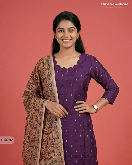 Raw Silk 3PC Kurti Set with Kalamkari Dupatta & Elastic Bottom in Violet Colour | Ethnic Wear