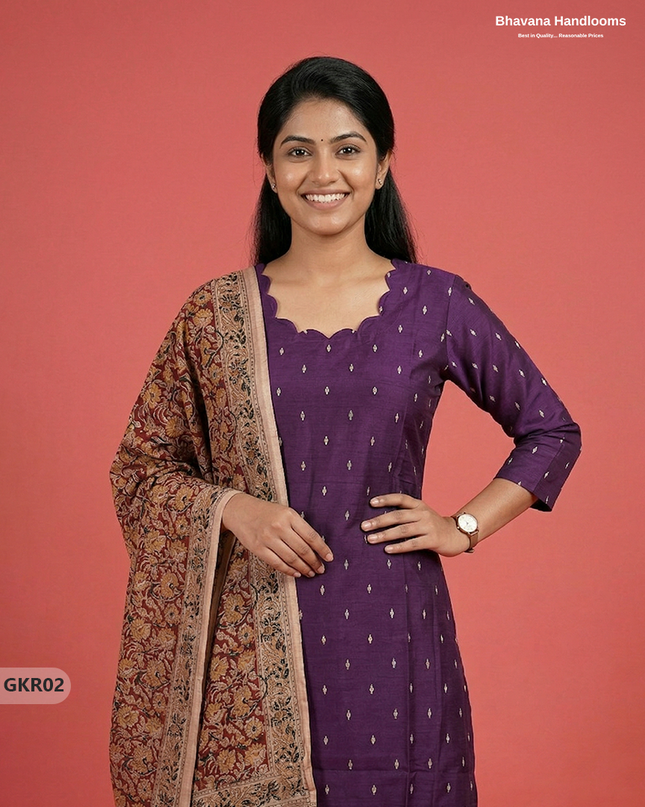 Raw Silk 3PC Kurti Set with Kalamkari Dupatta & Elastic Bottom in Violet Colour | Ethnic Wear