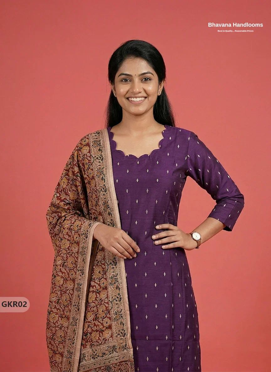 Raw Silk 3PC Kurti Set with Kalamkari Dupatta & Elastic Bottom in Violet Colour | Ethnic Wear