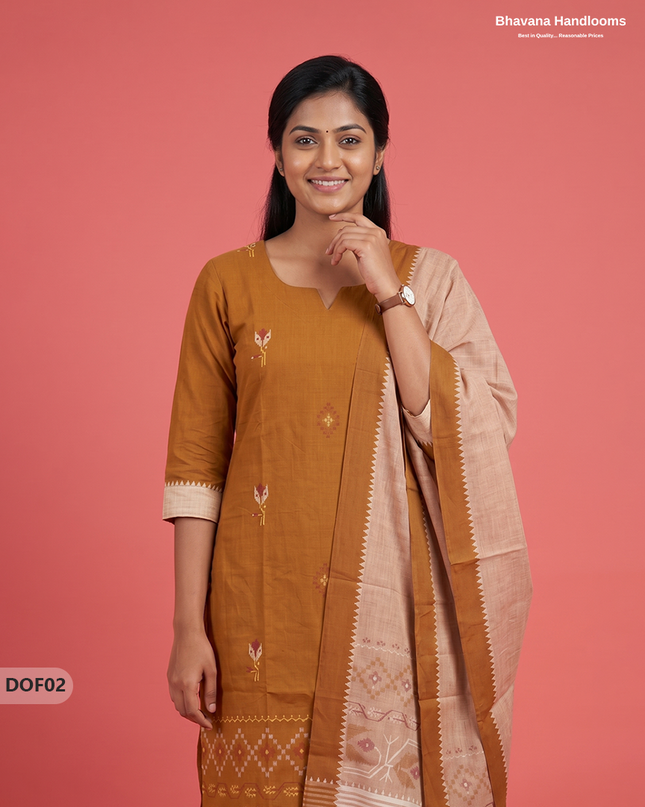 Mangalagiri Handloom Printed Cotton Kurti Set Orange Colour with Elastic Bottom | Ready-to-Wear Ethnic Wear