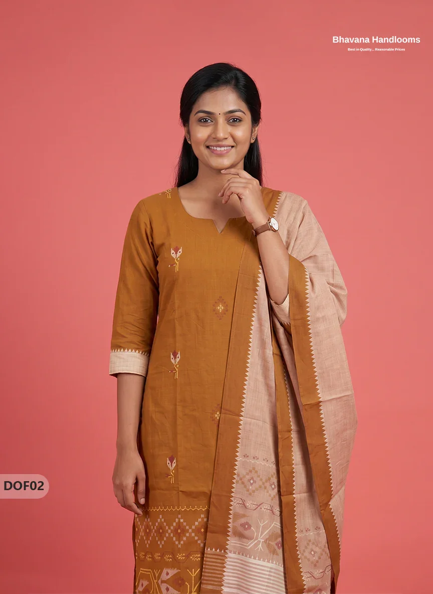 Mangalagiri Handloom Printed Cotton Kurti Set Orange Colour with Elastic Bottom | Ready-to-Wear Ethnic Wear