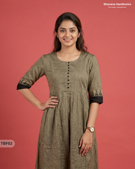 Premium Mangalagiri Temple Border Frock with Potli Balls | Taupe Brown Colour | Half Lining