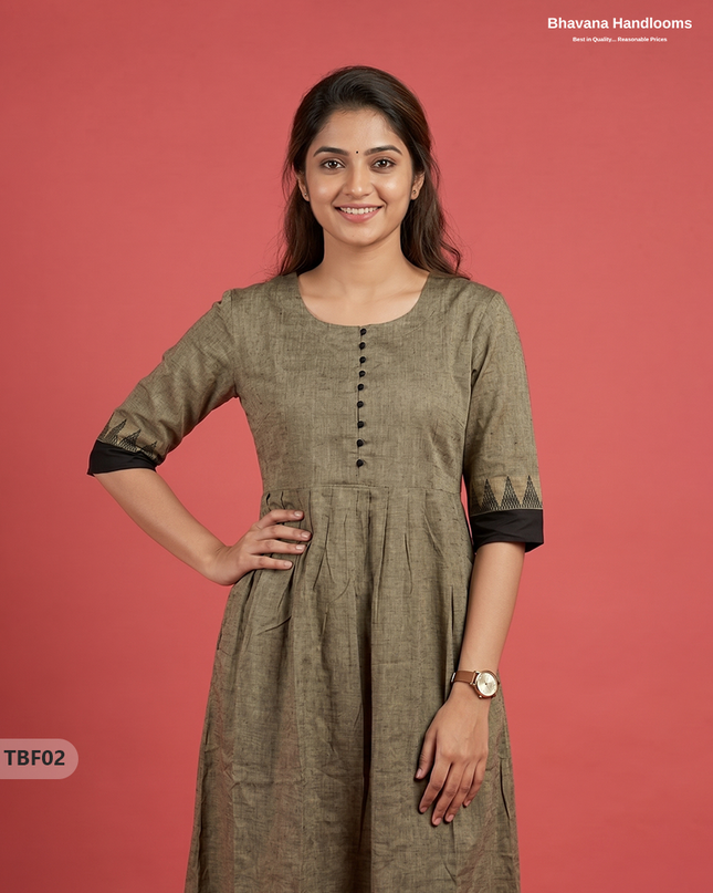 Premium Mangalagiri Temple Border Frock with Potli Balls | Taupe Brown Colour | Half Lining