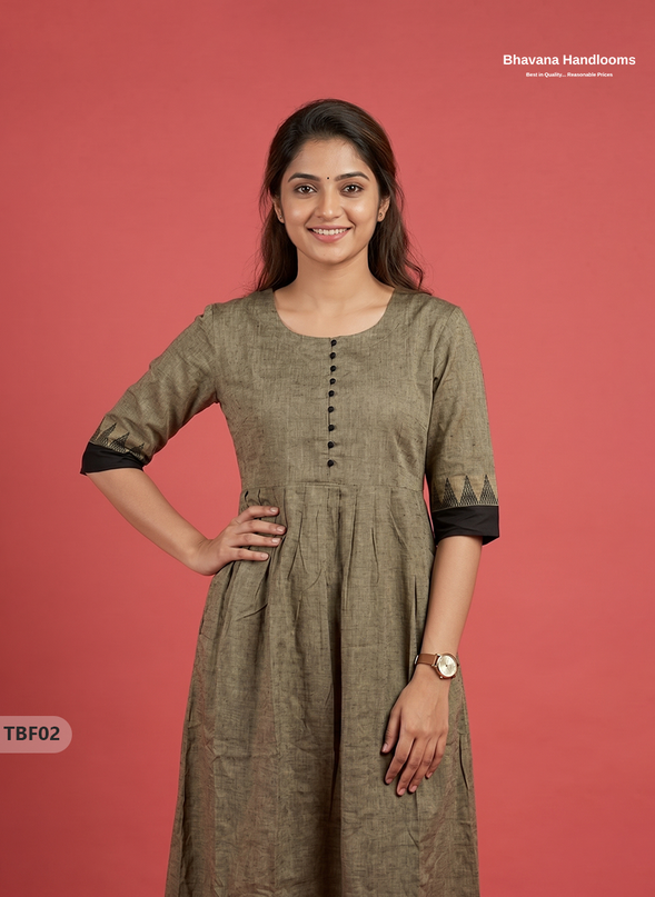 Premium Mangalagiri Temple Border Frock with Potli Balls | Taupe Brown Colour | Half Lining