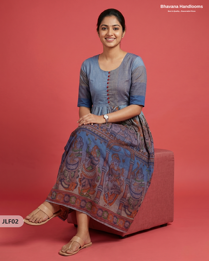 Traditional Handloom Frock with Ramayanam Design Prints in Multi Colour Shades | Dusty Blue Colour