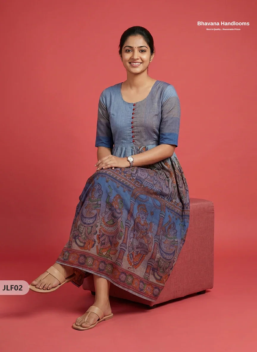 Traditional Handloom Frock with Ramayanam Design Prints in Multi Colour Shades | Dusty Blue Colour