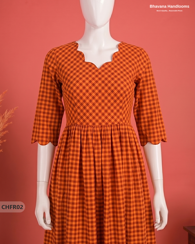 Handloom Cotton Frock in Rust Orange & Brick Red Checks with Stylish Neck Cut Work | Soft & Comfortable