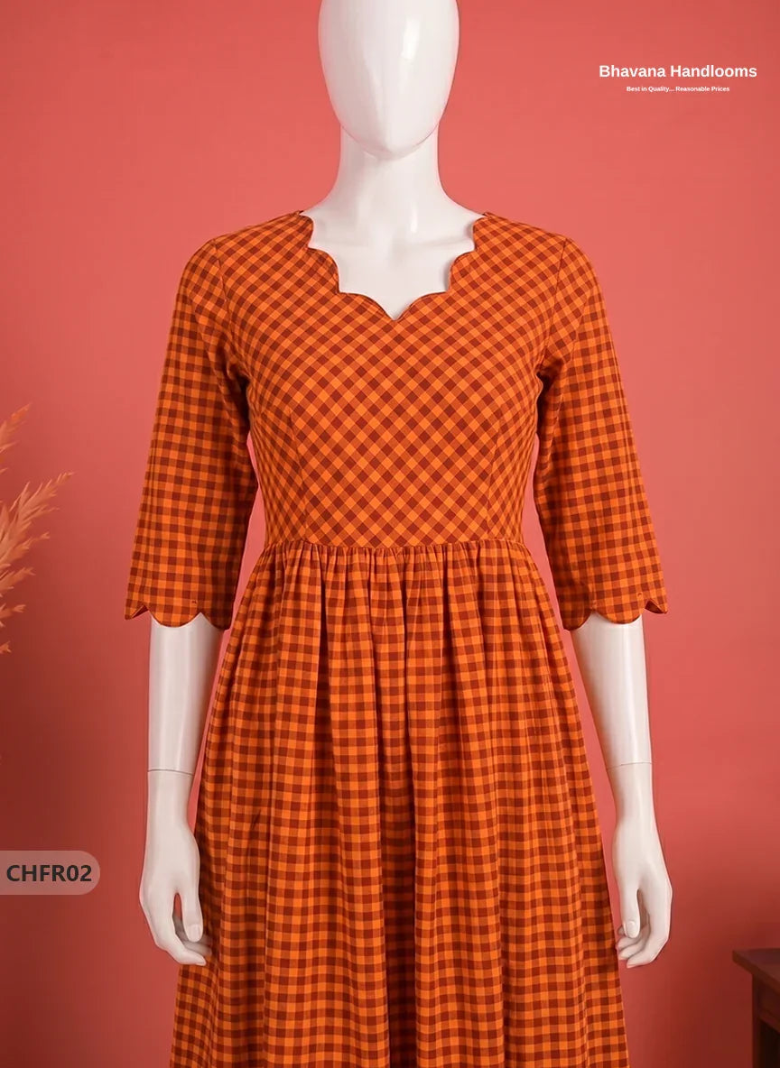 Mangalagiri Cotton Frock in Rust Orange & Brick Red Checks with Stylish Neck Cut Work | Soft & Comfortable