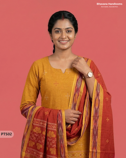 Traditional Pochampally Border 3PC Kurti Set with Dupatta in Yellow & Red colour | Ready-to-Wear Ethnic Set