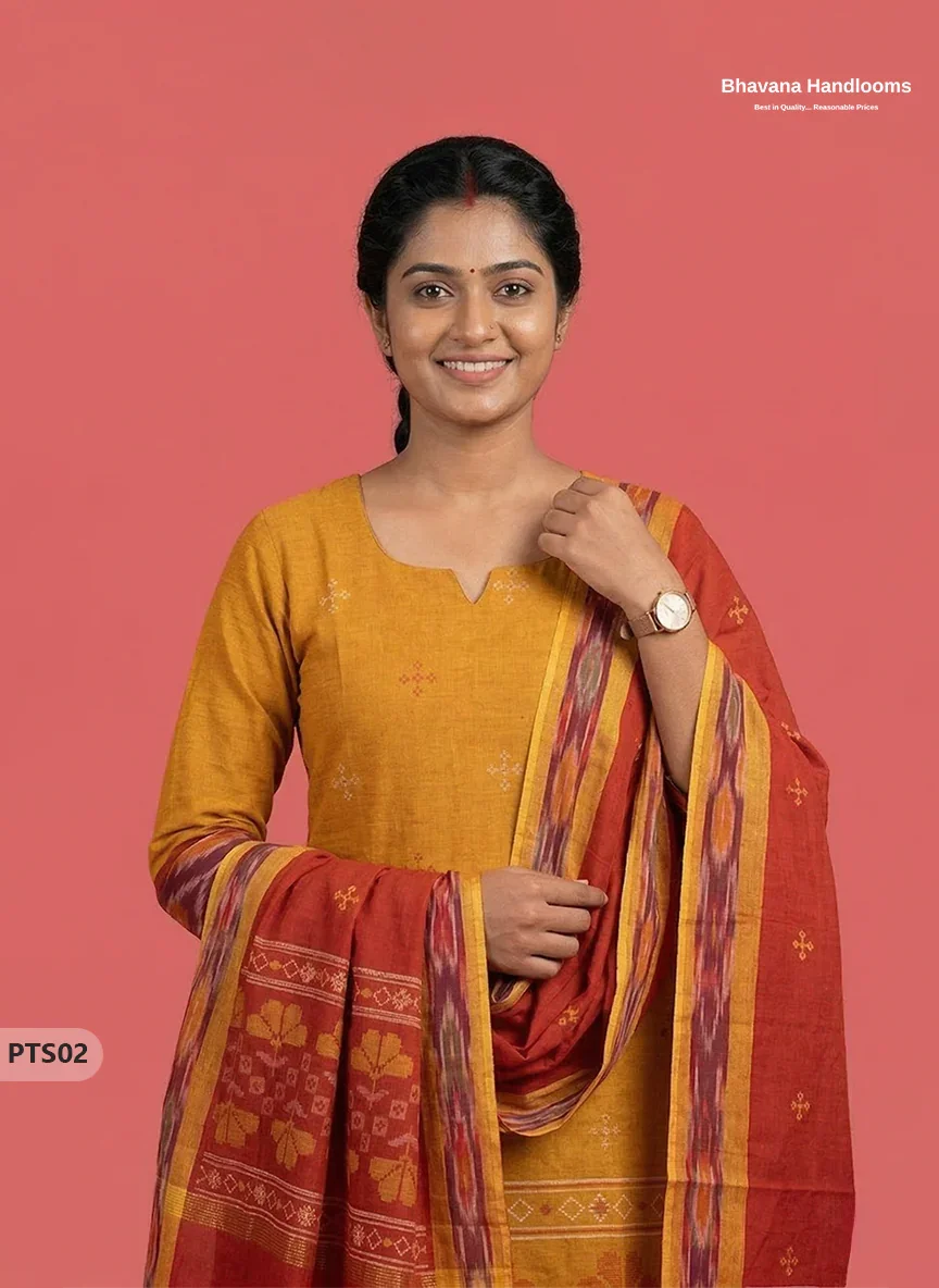 Traditional Pochampally Border 3PC Kurti Set with Dupatta in Yellow & Red colour | Ready-to-Wear Ethnic Set