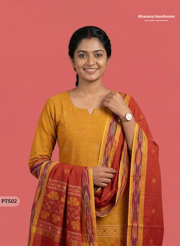 Traditional Pochampally Border 3PC Kurti Set with Dupatta in Yellow & Red colour | Ready-to-Wear Ethnic Set