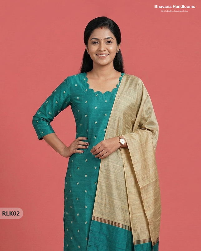 Raw Silk 2PC Set in Parrot Green Colour | Top & Bottom Only Ethnic Wear