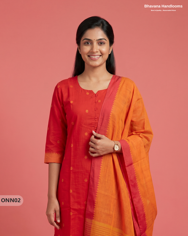 Mangalagiri Premium Cotton 3PC Set with Full-Length Lining & Elastic Pocket Bottom – Tomato Red colour