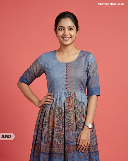 Traditional Handloom Frock with Ramayanam Design Prints in Multi Colour Shades | Dusty Blue Colour