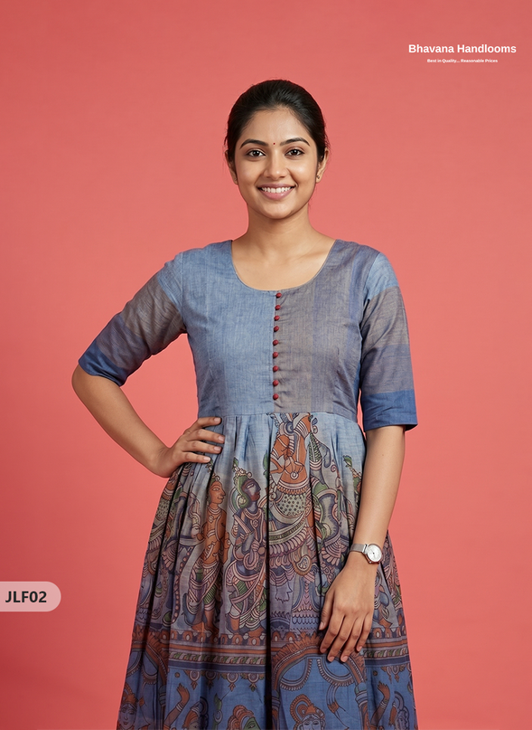 Traditional Handloom Frock with Ramayanam Design Prints in Multi Colour Shades | Dusty Blue Colour