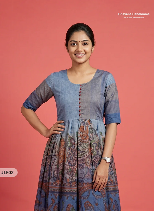 Traditional Handloom Frock with Ramayanam Design Prints in Multi Colour Shades | Dusty Blue Colour