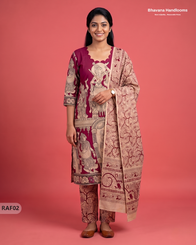 Premium Kalamkari Ramayanam Design 3PC Kurti Set with Elastic Bottom | Wine Maroon Ethnic Wear