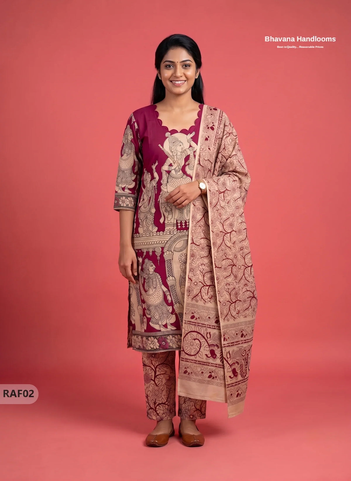 Premium Kalamkari Ramayanam Design 3PC Kurti Set with Elastic Bottom | Wine Maroon Ethnic Wear