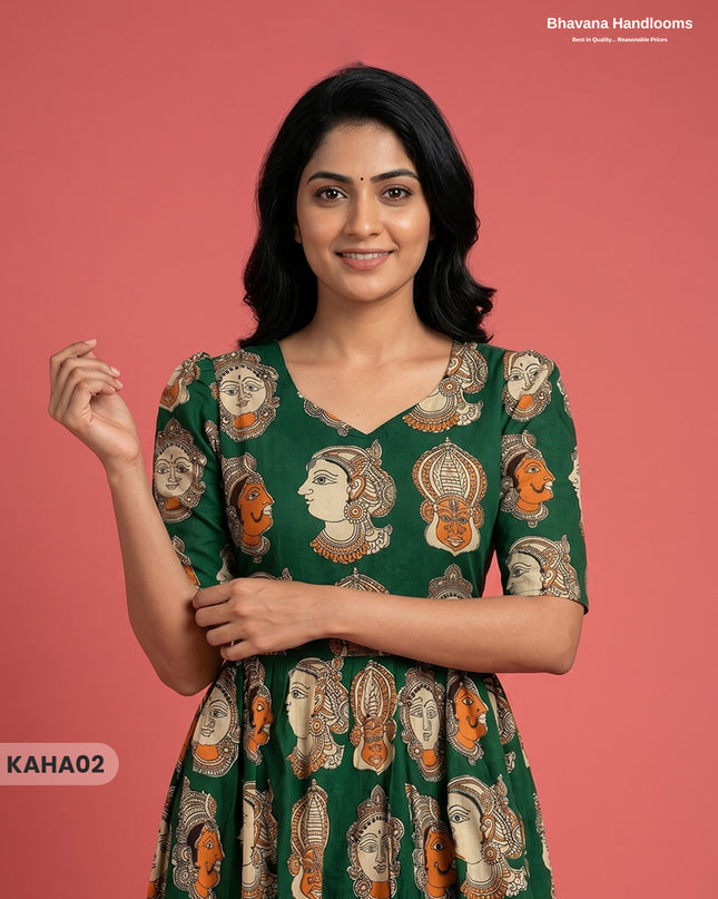 Kathakali Design Kalamkari Frock – Green Colour with Half Lining