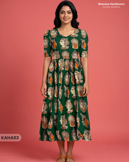 Kathakali Design Kalamkari Frock – Green Colour with Half Lining