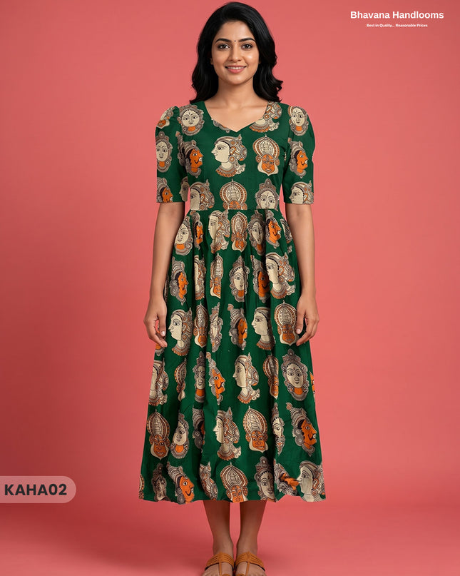 Kathakali Design Kalamkari Frock – Green Colour with Half Lining
