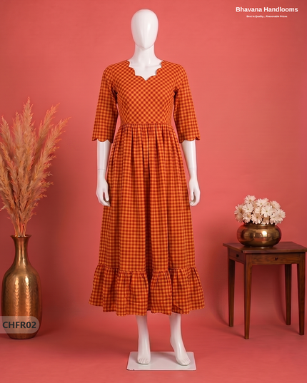 Handloom Cotton Frock in Rust Orange & Brick Red Checks with Stylish Neck Cut Work | Soft & Comfortable