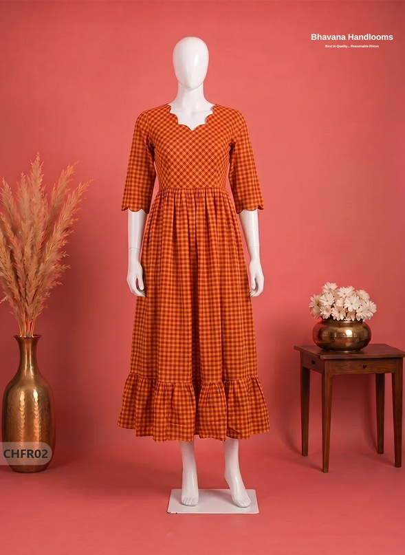 Mangalagiri Cotton Frock in Rust Orange & Brick Red Checks with Stylish Neck Cut Work | Soft & Comfortable