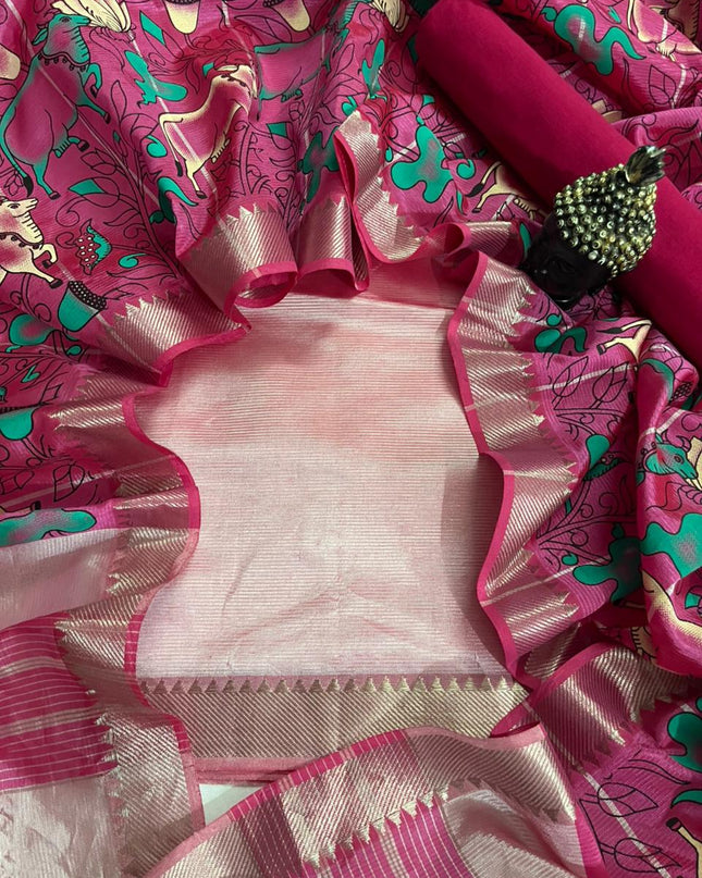 Mangalagiri Semi Pattu Dress Material with Zari Border – Baby Pink Colour