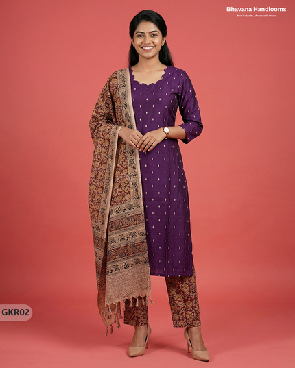 Raw Silk 3PC Kurti Set with Kalamkari Dupatta & Elastic Bottom in Violet Colour | Ethnic Wear