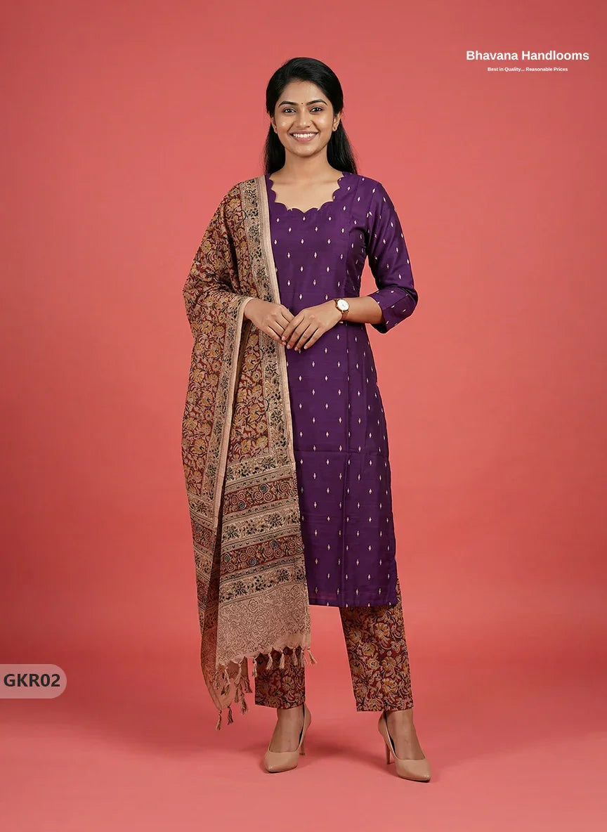 Raw Silk 3PC Kurti Set with Kalamkari Dupatta & Elastic Bottom in Violet Colour | Ethnic Wear