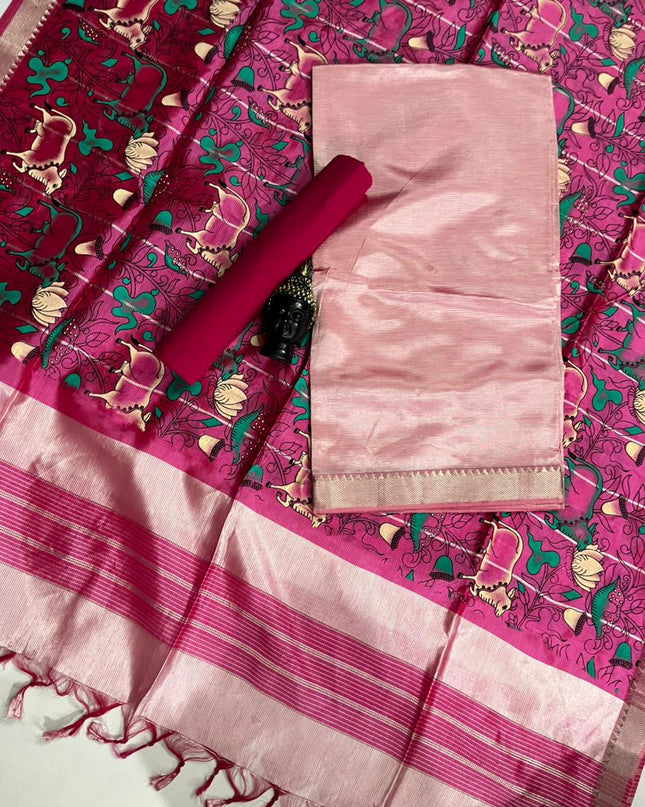 Mangalagiri Semi Pattu Dress Material with Zari Border – Baby Pink Colour
