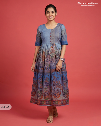 Traditional Handloom Frock with Ramayanam Design Prints in Multi Colour Shades | Dusty Blue Colour