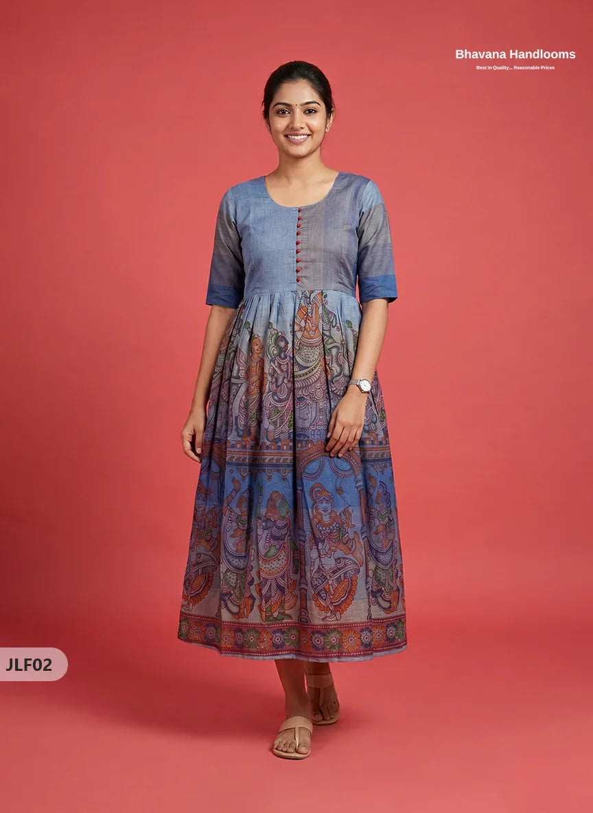 Traditional Handloom Frock with Ramayanam Design Prints in Multi Colour Shades | Dusty Blue Colour