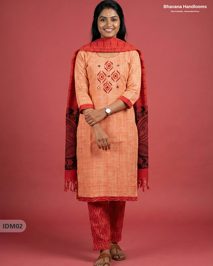 Premium Ikkat Kalamkari Printed Ready-to-Wear Dress in Orange | Full Length Lining