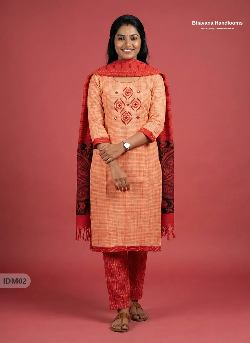 Premium Ikkat Kalamkari Printed Ready-to-Wear Dress in Orange | Full Length Lining