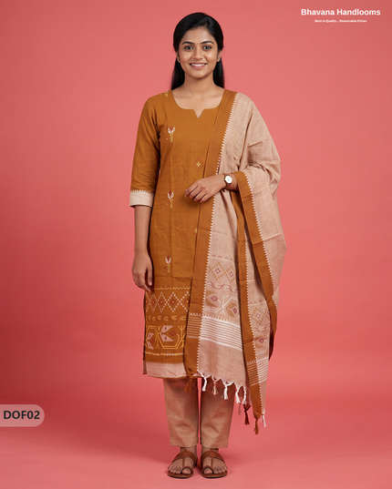 Mangalagiri Handloom Printed Cotton Kurti Set Orange Colour with Elastic Bottom | Ready-to-Wear Ethnic Wear