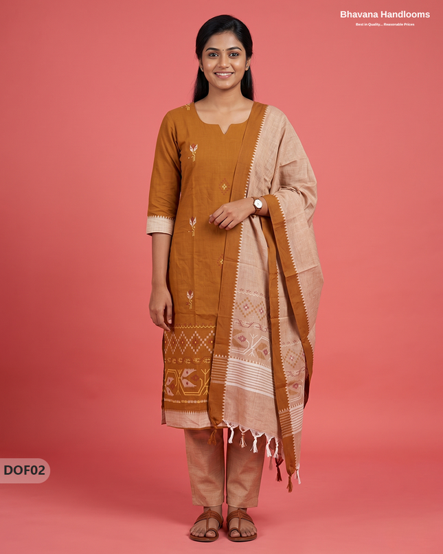 Mangalagiri Handloom Printed Cotton Kurti Set Orange Colour with Elastic Bottom | Ready-to-Wear Ethnic Wear