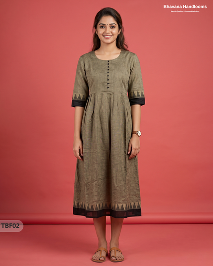 Premium Mangalagiri Temple Border Frock with Potli Balls | Taupe Brown Colour | Half Lining