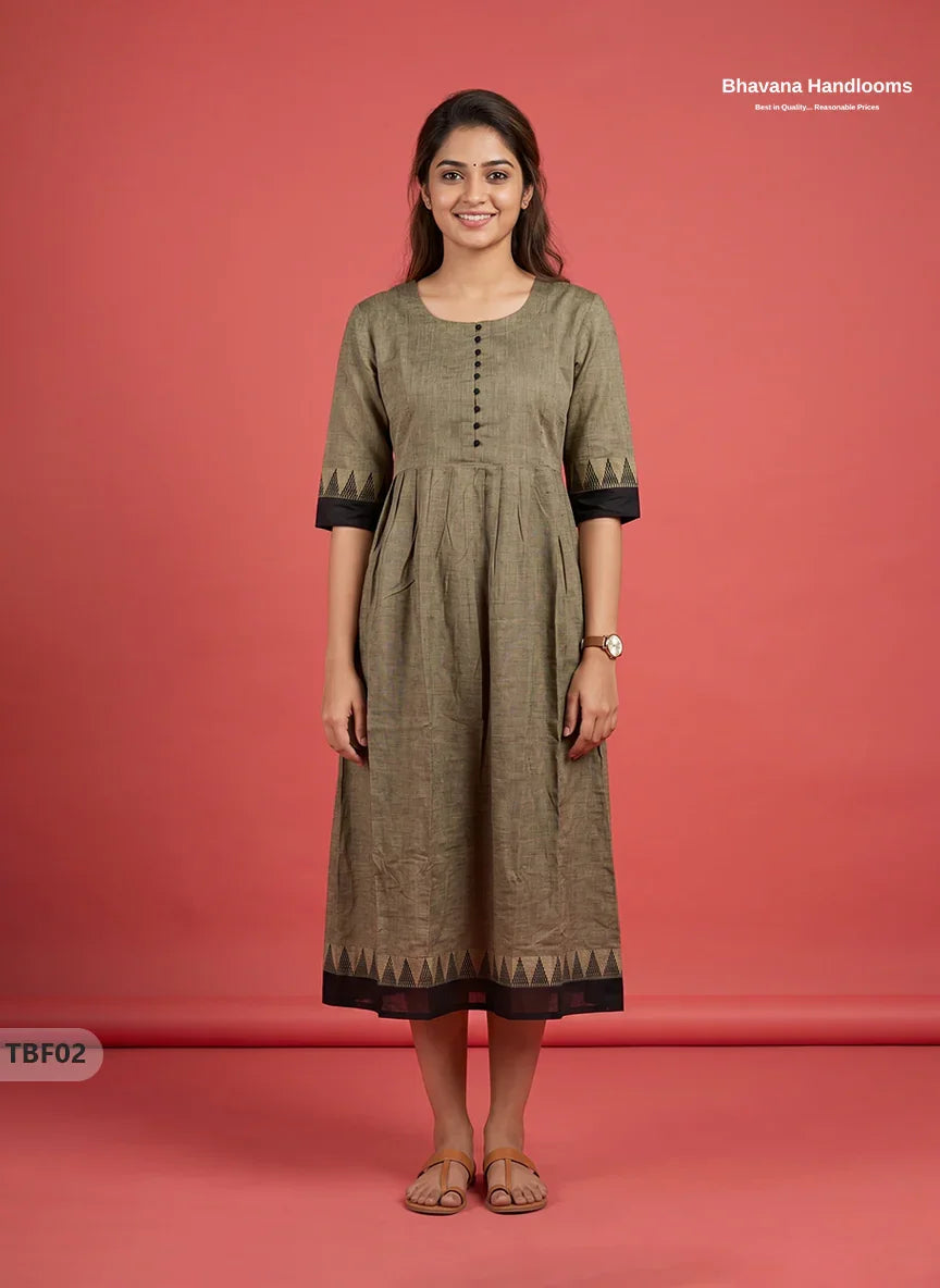 Premium Mangalagiri Temple Border Frock with Potli Balls | Taupe Brown Colour | Half Lining