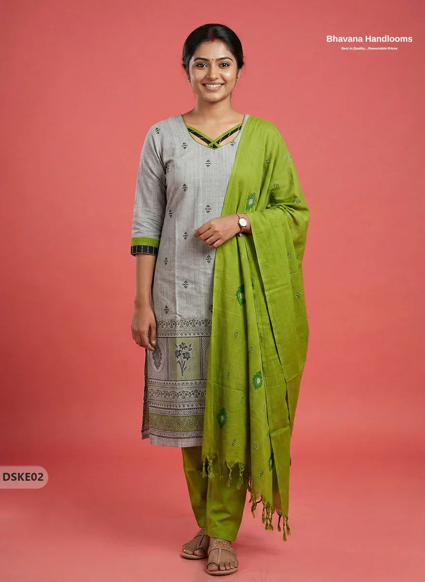 Stylish Grey Green Designer Kurti Set | 3Pc Ready-to-Wear Outfit