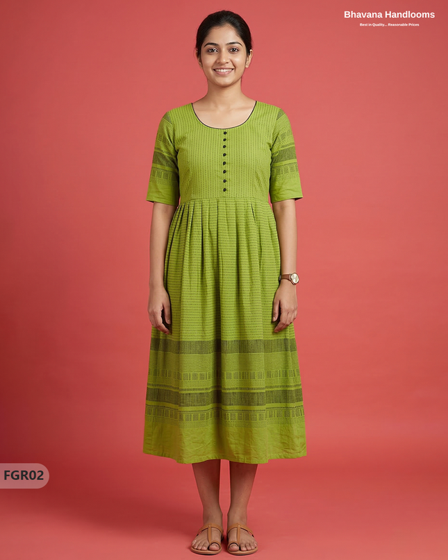 Summer Special Premium Cotton Handloom Frock with Woven Design | Parrot Green Colour
