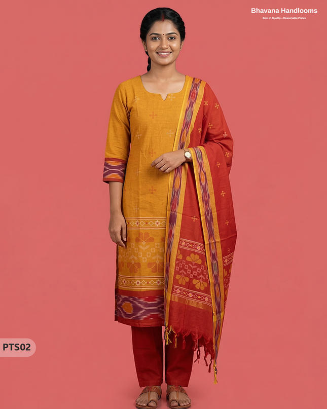 Traditional Pochampally Border 3PC Kurti Set with Dupatta in Yellow & Red colour | Ready-to-Wear Ethnic Set