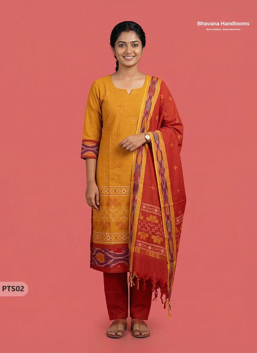 Traditional Pochampally Border 3PC Kurti Set with Dupatta in Yellow & Red colour | Ready-to-Wear Ethnic Set