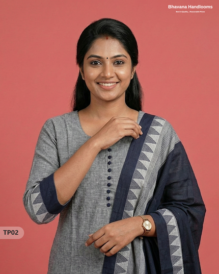 Mangalagiri Cotton 3PC Set with Full-Length Lining & Elastic Pocket Bottom – White & Blue Double Weave