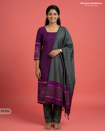 Pochampally Semi Pattu 3PC Kurti Set in Purple Colour | Ready-to-Wear Ethnic Wear