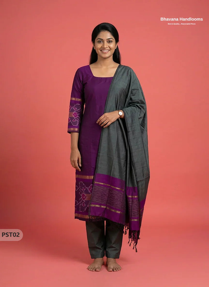 Pochampally Semi Pattu 3PC Kurti Set in Purple Colour | Ready-to-Wear Ethnic Wear