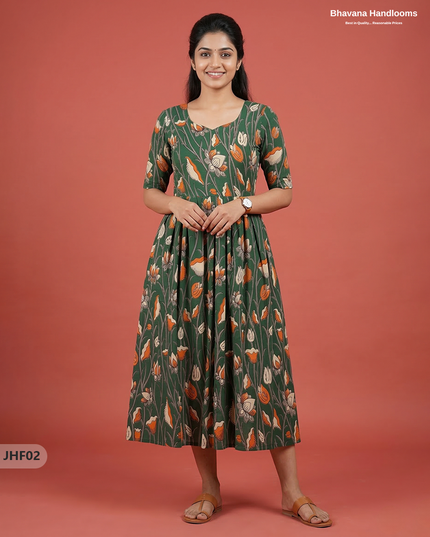 Kalamkari Design Frock – Dark Green Colour | Handloom Ethnic Wear with Half Lining