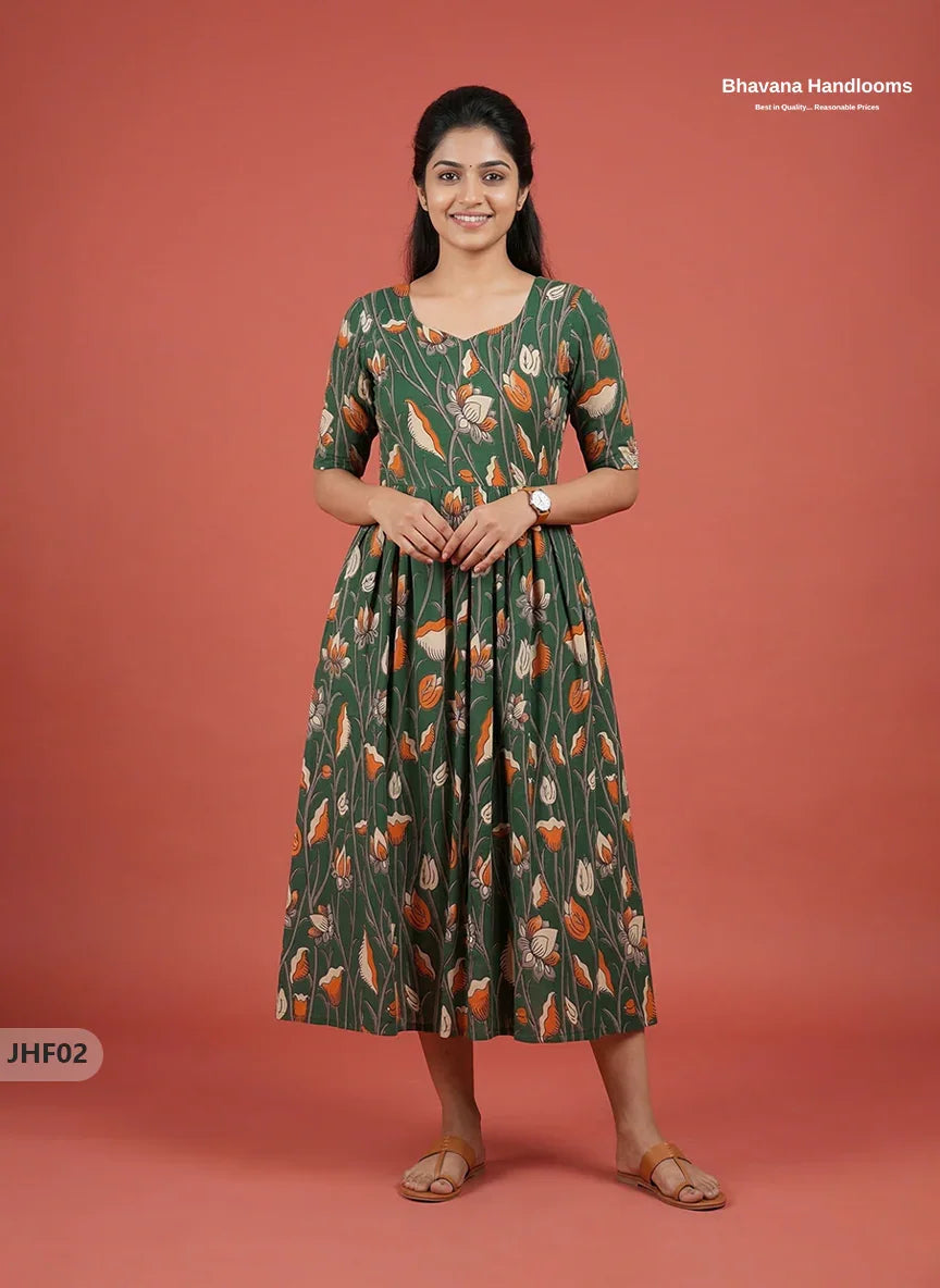 Kalamkari Design Frock – Dark Green Colour | Handloom Ethnic Wear with Half Lining