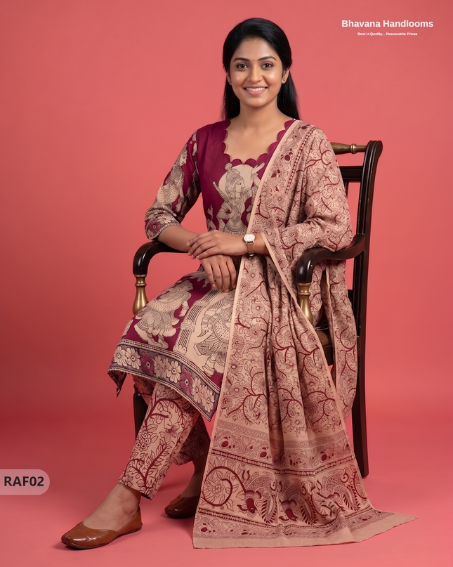 Premium Kalamkari Ramayanam Design 3PC Kurti Set with Elastic Bottom | Wine Maroon Ethnic Wear