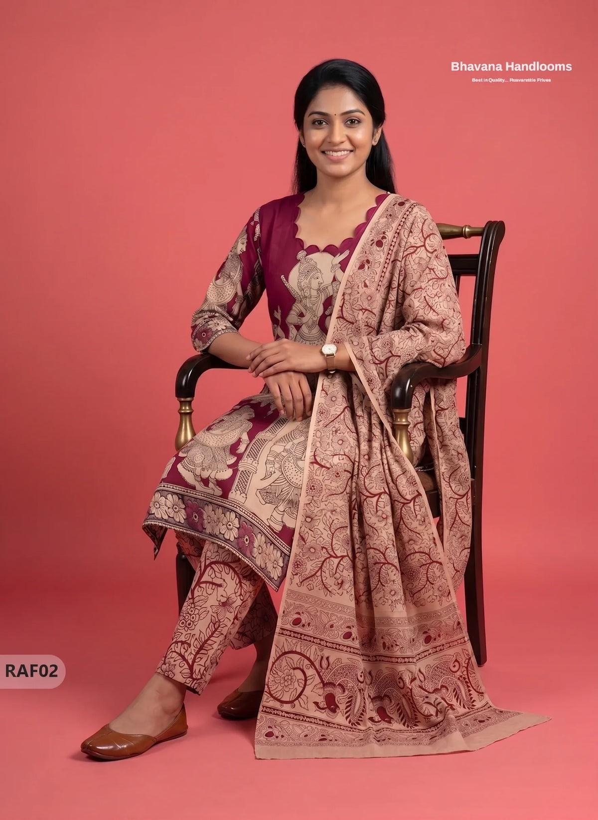 Premium Kalamkari Ramayanam Design 3PC Kurti Set with Elastic Bottom | Wine Maroon Ethnic Wear
